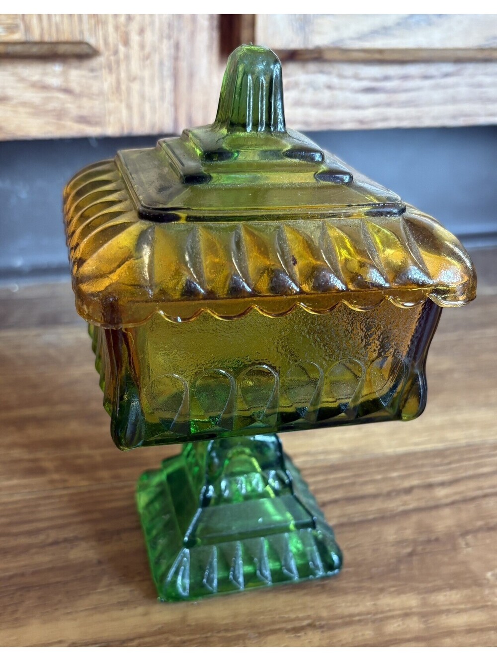 Vintage Green Jeannette Glass Pedestal Candy Dish Wedding Box w/Lid Square